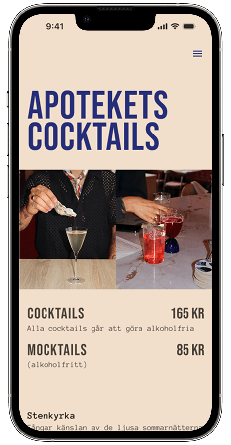 Restaurang Apotek cocktail menu mobile view