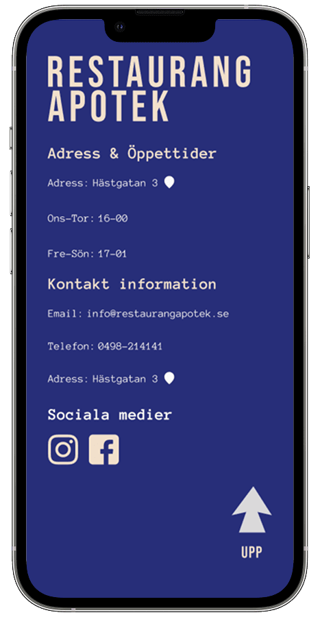 Restaurang Apotek footer section mobile view